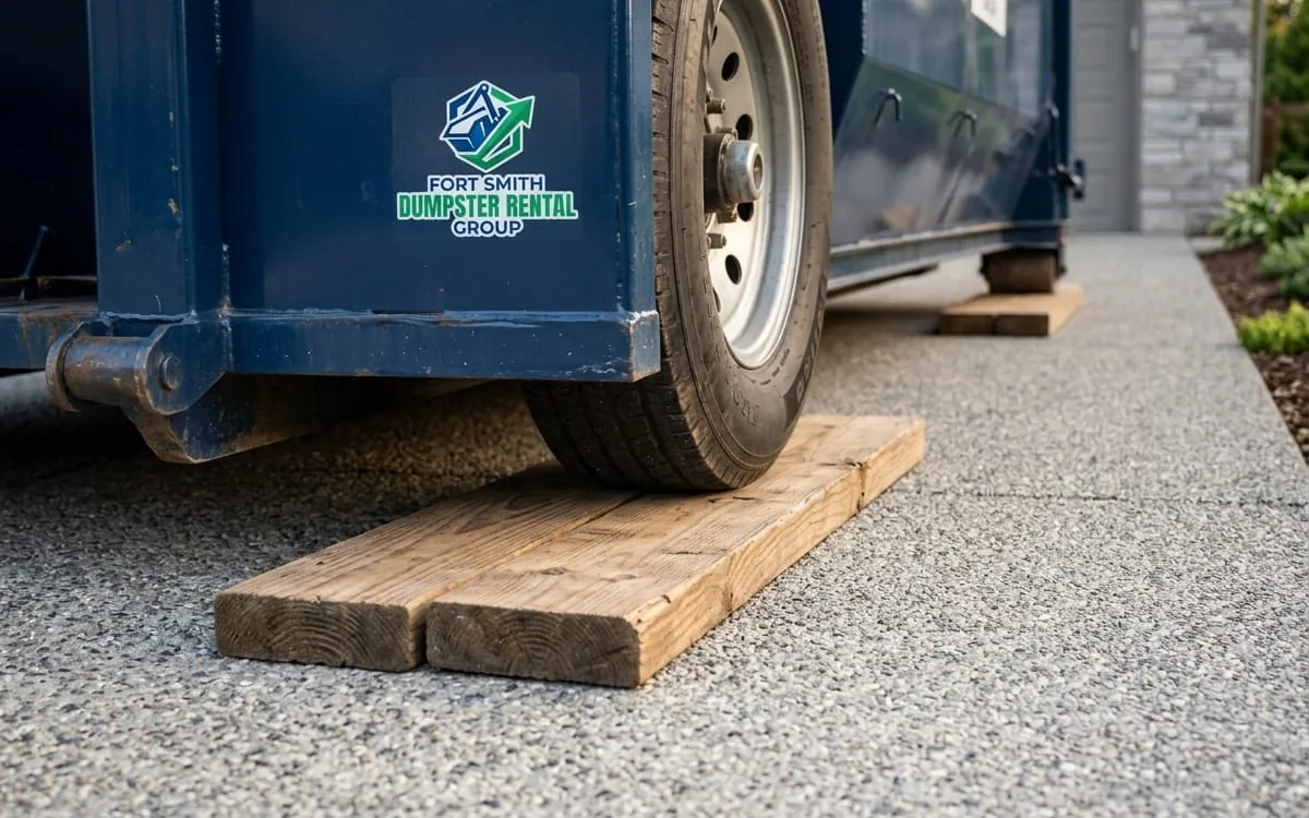 Roll-off dumpster placed on planks on a Fort Smith driveway