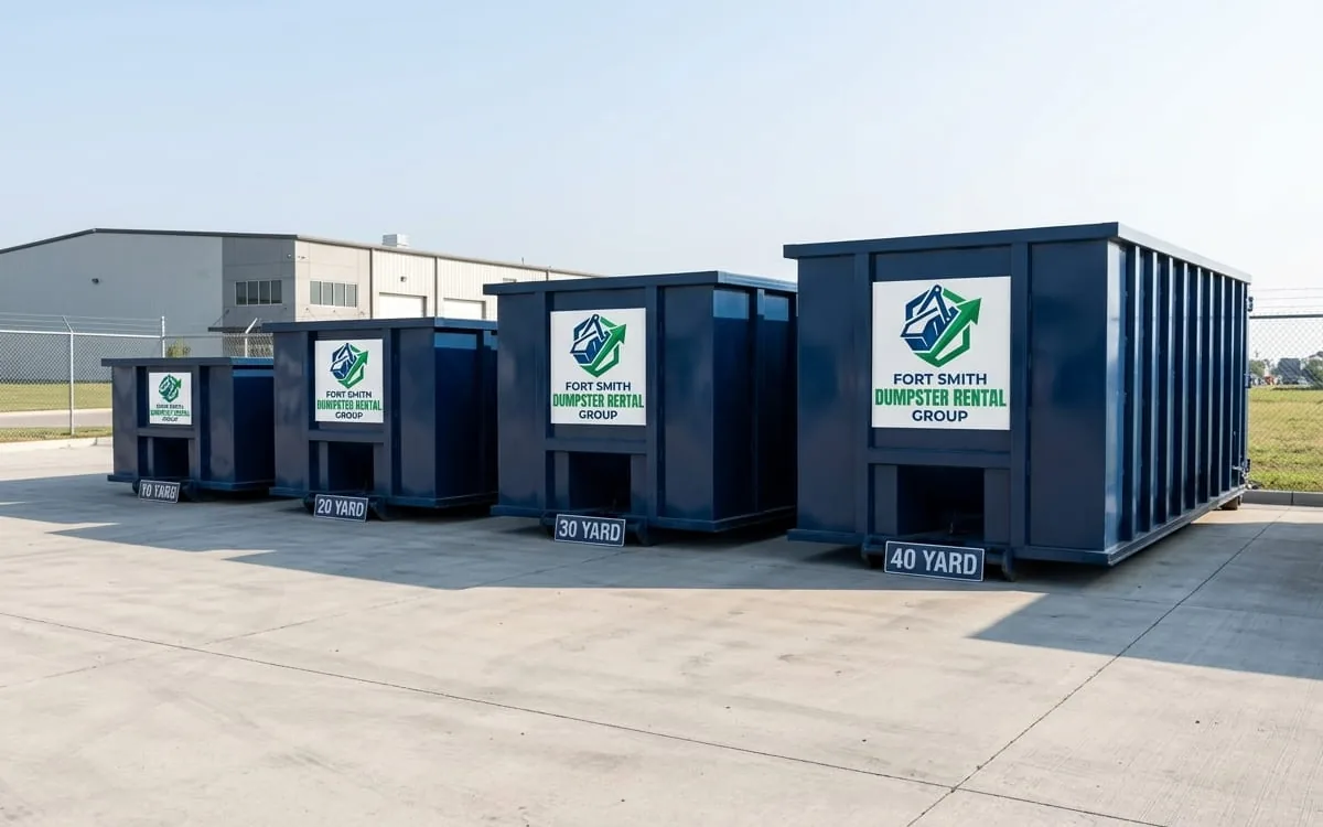 Row of 10, 15, 20 and 30 yard roll-off dumpsters in Fort Smith